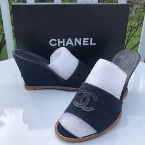 Chanel Dark Navy Blue Canvas Wedge Mules